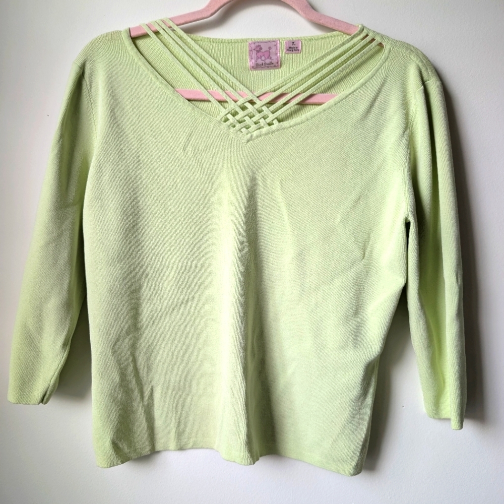 Pink Poodle Y2K Light Yellow Green Criss Cross Front Stretch Blouse Size Large
